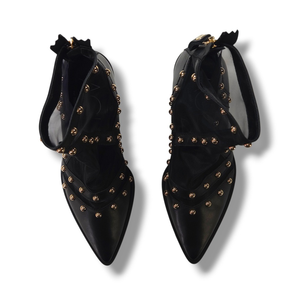 AGL Studded Mesh Ankle Boots Pointed Toe Block Heel Black Leather Bootie 37 6.5 - Picture 3 of 11